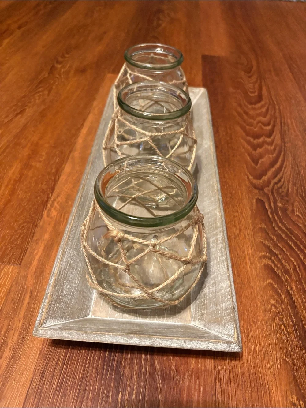Rustic Glass Votive Trio with Twine on Distressed Tray
